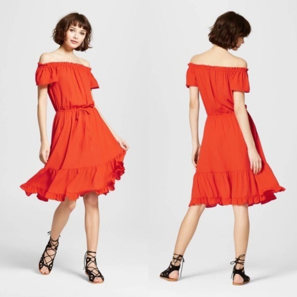 MOSSIMO Orange-Red Off Shoulder Tie Waist Midi